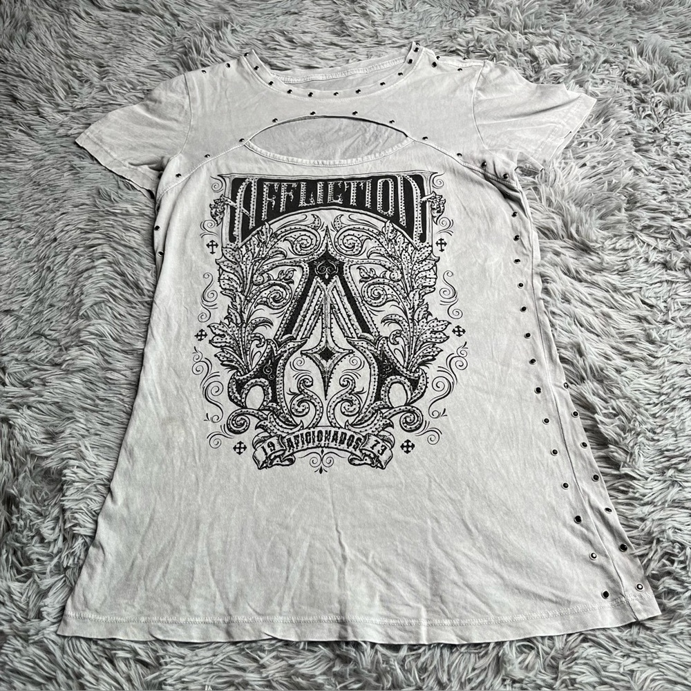 Affliction Shirt Womens Medium Gray Black Embellished Spellout Studded
